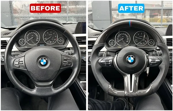 BMW F30 upgraded with a carbon fiber facelift steering wheel