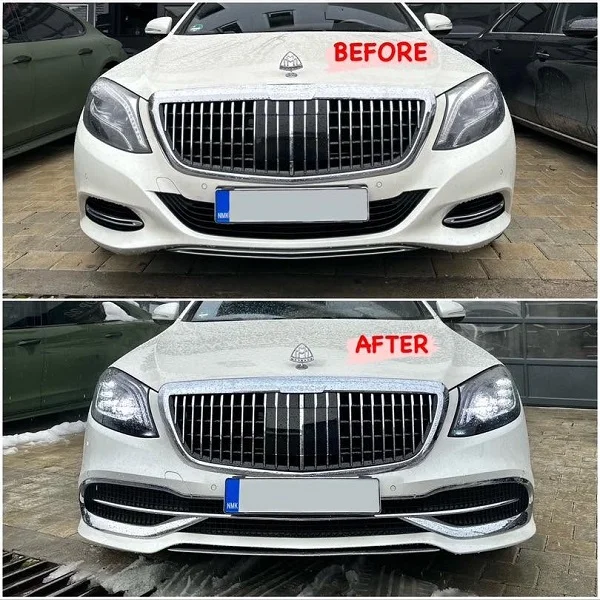 Mercedes-Benz S 500 Maybach W222 upgraded with a Maybach facelift conversion, including a body kit, headlights, and taillights