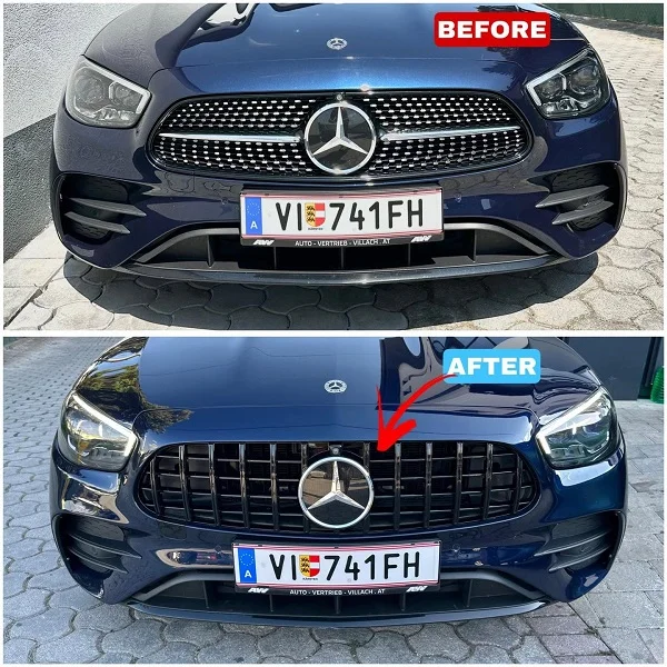 Mercedes-Benz E-Class W213 with GT Black front grille and rear spoiler upgrade
